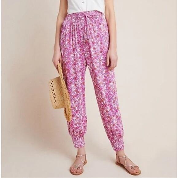 Anthropologie Pants - Anthropologie Abstract Floral Smocked Jogger Pants Belt Tie Pink White XS